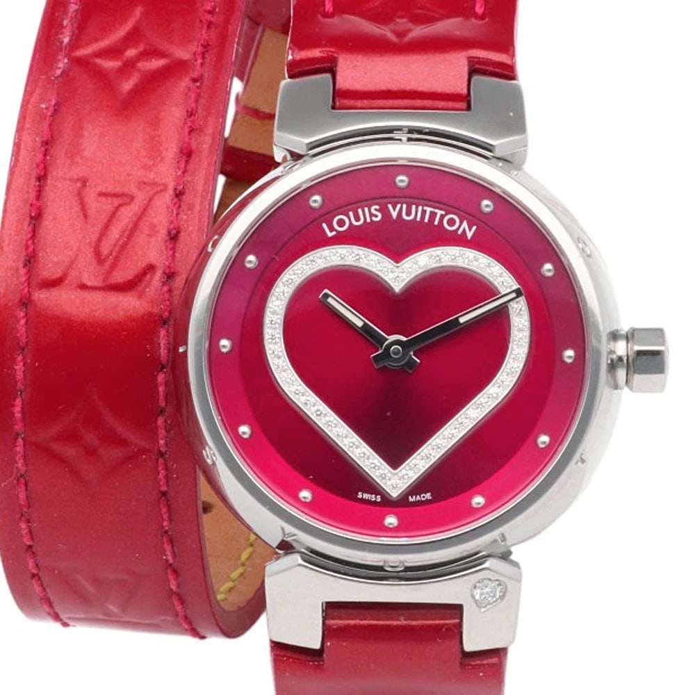 LOUIS VUITTON TAMBOUR WATCHES STAINLESS STEEL DIAMOND WATCH: LOUIS VUITTON Tambour Watches Stainless Steel diamond Watch Brand: LOUIS VUITTON Type: Wristwatch Material: Case : Stainless Steel Band : leather Color: Silver / Red Size: Case Diameter:28.0mm Ban