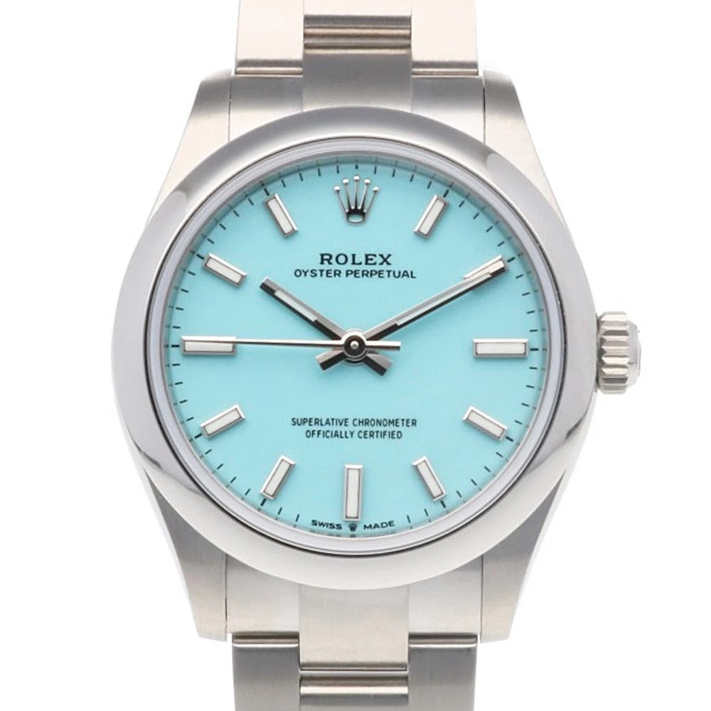 ROLEX WATCHES STAINLESS STEEL OYSTER PERPETUAL WATCH: ROLEX Watches Stainless Steel Oyster perpetual Watch Brand: ROLEX Type: Wristwatch Material: Case : Stainless Steel Band : Stainless Steel Color: Silver / turquoise blue Size: Case Diameter:31.0mm