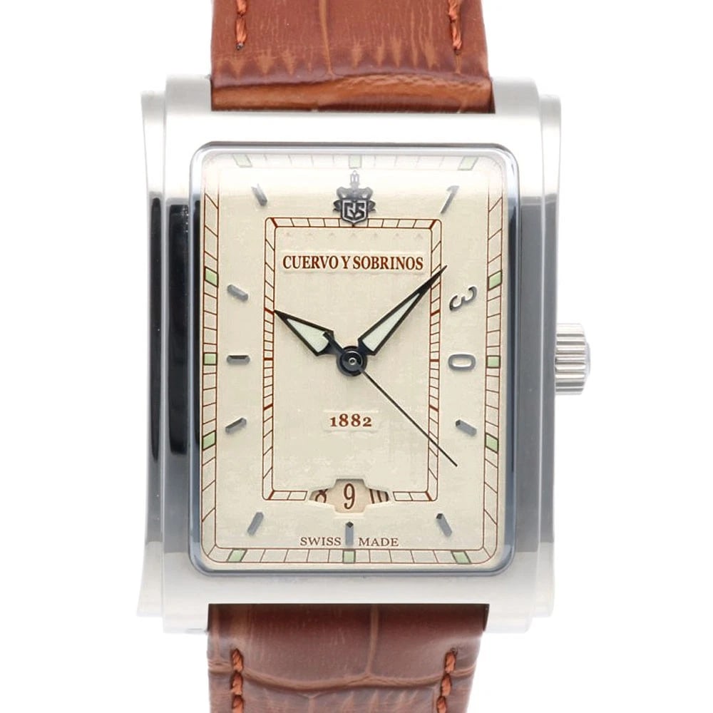 CUERVO PROMINENTE CLASSICO WATCHES STAINLESS STEEL WATCH: CUERVO Prominente Classico Watches Stainless Steel Watch Brand: CUERVO Y SOBRINOS Type: Wristwatch Material: Case : Stainless Steel Band : leather Color: Silver / Brown x Ivory Size: Case:W1.2inch
