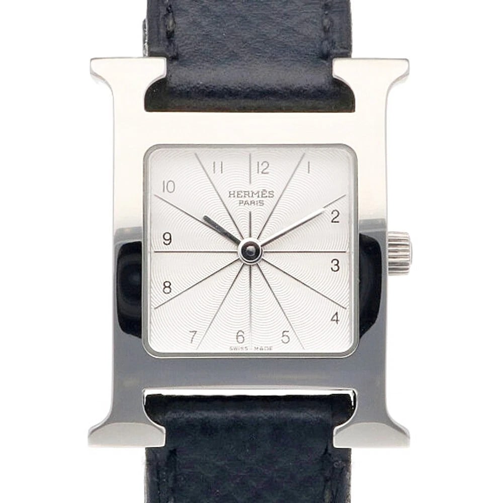 HERMES WATCHES STAINLESS STEEL WATCH: HERMES Watches Stainless Steel Watch Brand: HERMES Type: Wristwatch Material: Case : Stainless Steel Band : leather Color: Silver / black Size: Case:W1.0inch x H1.2inch/ W24.5mm x H30.0mm Band Len