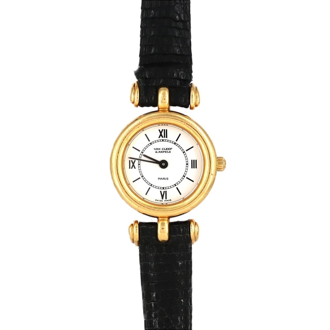 VAN CLEEF & ARPELS FANTASY YG WATCH: Van Cleef & Arpels Fantasy YG Watch Brand: Van Cleef & Arpels Type: Wrist watch Material: Case: Yellow gold Bracelet: Strap Color: Dial Color: White Band Color: Black Size: Case diameter: Approx.