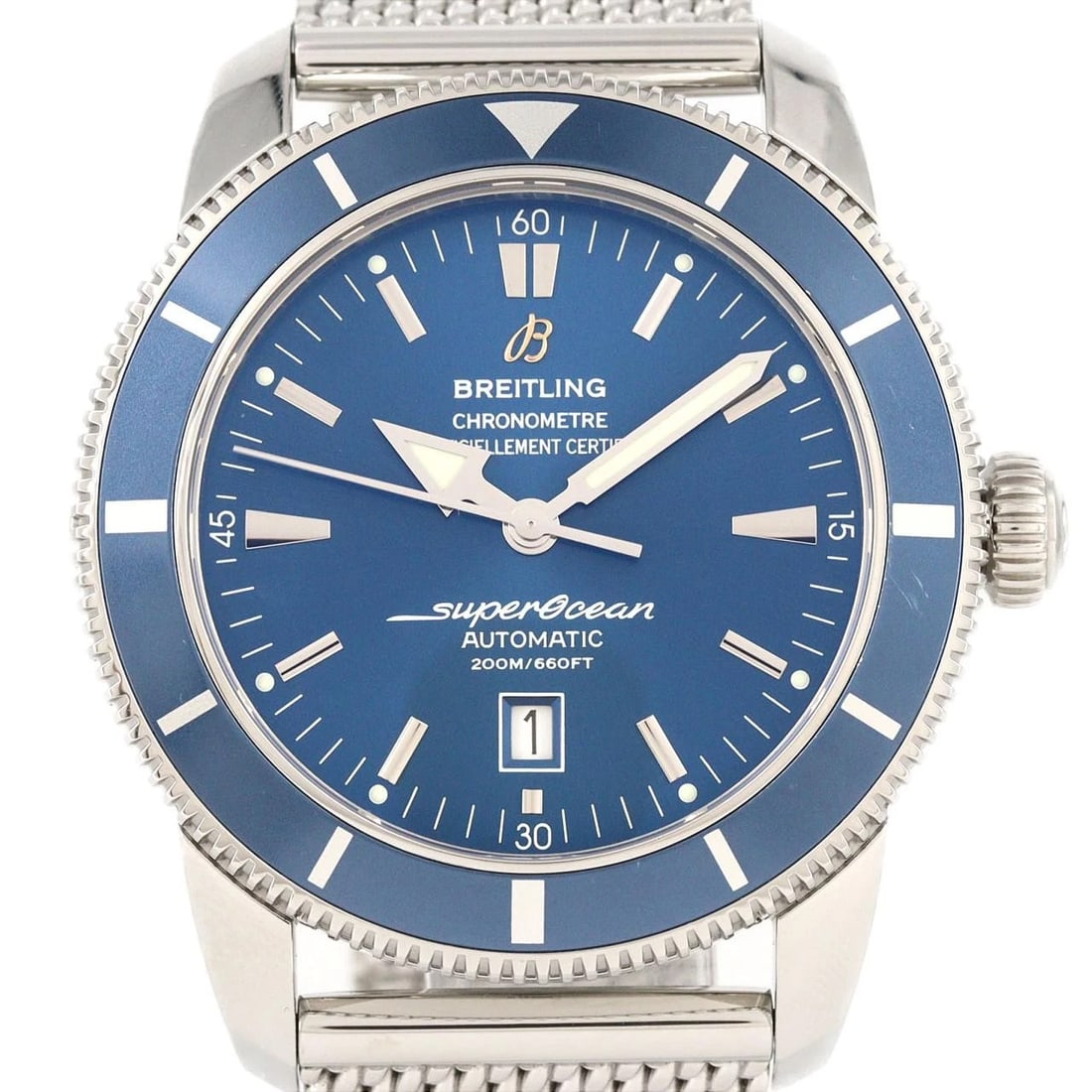 BREITLING SUPEROCEAN HERITAGE STAINLESS STEEL WATCH: Breitling Superocean Heritage Stainless Steel Watch Brand: BREITLING Type: Wrist watch Material: Case: Stainless Steel Breath: Stainless Steel Color: Dial color: Blue Size: Case diameter: Approx.