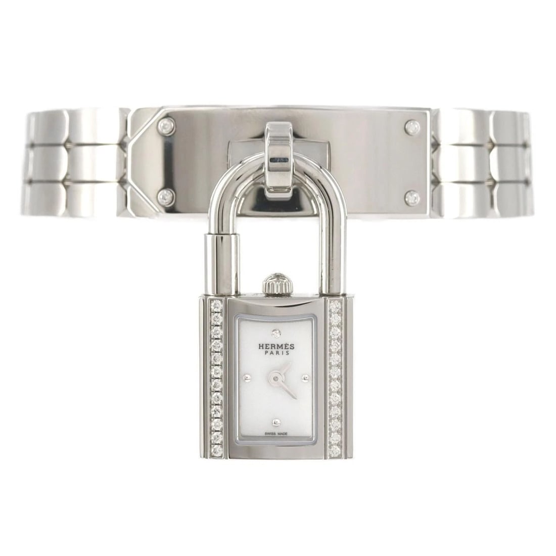 HERMÈS KELLY STAINLESS STEEL WATCH: Hermès Kelly Stainless Steel Watch Brand: HERMES Type: Wrist watch Material: Case: Stainless Steel Breath: Stainless Steel Color: Dial color: White/Diamond Size: Case diameter: Approx. 16mm Max w