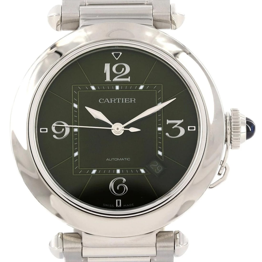 CARTIER PASHA STAINLESS STEEL WATCH: Cartier Pasha Stainless Steel Watch Brand: CARTIER Type: Wrist watch Material: Case: Stainless Steel Breath: Stainless Steel Color: Dial color: Green Size: Case diameter: Approx. 41 mm Max