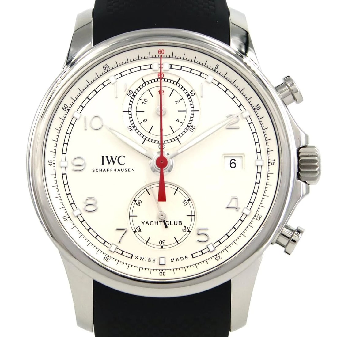 IWC PORTUGUESE YACHT CLUB CHRONOGRAPH STAINLESS STEEL WATCH: IWC Portuguese Yacht Club Chronograph Stainless Steel Watch Brand: IWC Type: Wrist watch Material: Case: Stainless Steel Breath: Rubber Color: Dial Color: Silver/Arabic Band Color: Black Size: