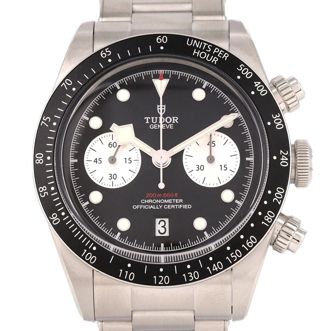 TUDOR BLACK CHRONO STAINLESS STEEL WATCH: Tudor Black Chrono Stainless Steel Watch Brand: Tudor Type: Wrist watch Material: Case: Stainless Steel Breath: Stainless Steel Color: Dial color: Black, Silver Size: Case diameter: Approx. 41