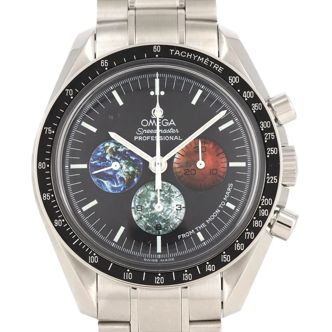 OMEGA SPEEDMASTER STAINLESS STEEL WATCH: Omega Speedmaster Stainless Steel Watch Brand: OMEGA Type: Wrist watch Material: Case: Stainless Steel Breath: Stainless Steel Color: Dial Color: Black Size: Case diameter: Approx. 42 mm Max wrist