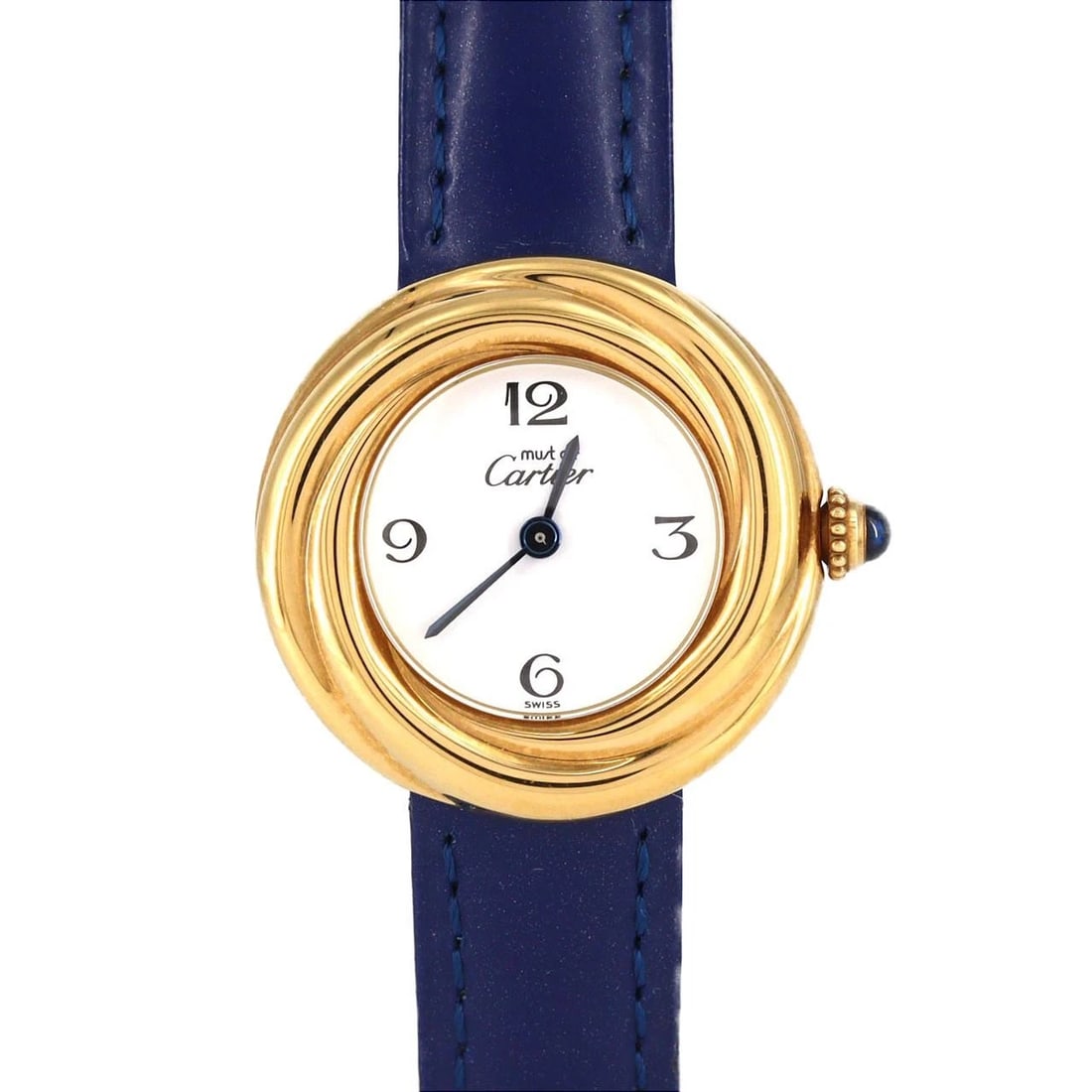 CARTIER MUST TRINITY GOLD PLATED WATCH: Cartier Must Trinity Gold Plated Watch Brand: CARTIER Type: Wrist watch Material: Case: Gold plated Bracelet: Strap Color: Dial color: White Band color: Blue Size: Case diameter: Approx. 27mm 
