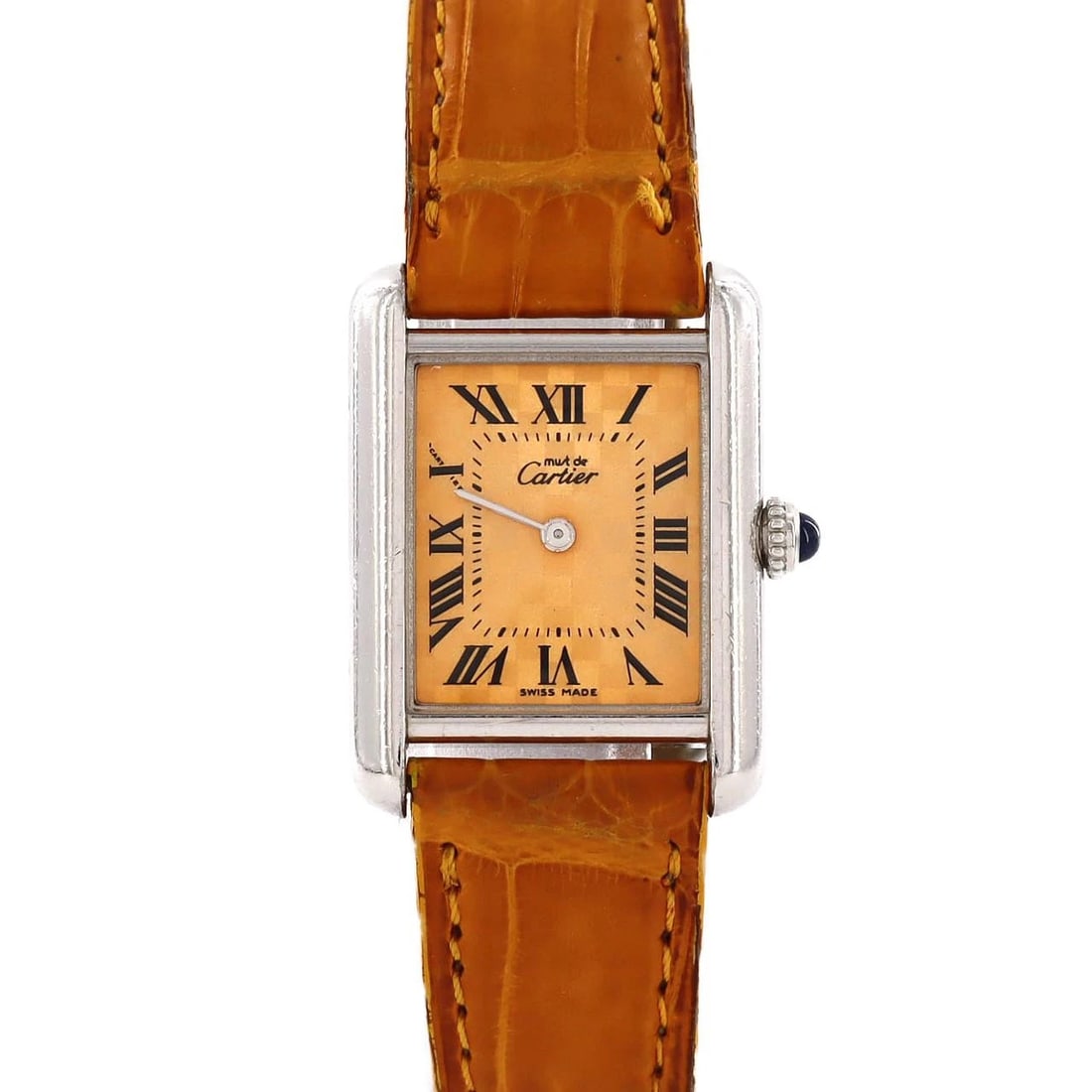 CARTIER MUST TANK SILVER WATCH: Cartier Must Tank Silver Watch Brand: CARTIER Type: Wrist watch Material: Case: Silver Bracelet: Strap Color: Dial Color: Orange/Roman Band Color: Orange Size: Case diameter: 22x29 