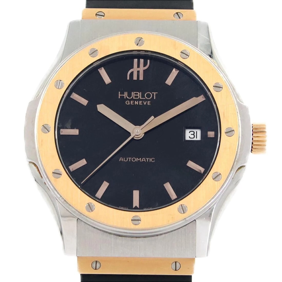 HUBLOT CLASSIC TRADITION WATCH: Hublot Classic Tradition Watch Brand: HUBLOT Type: Wrist watch Material: Case: Stainless steel x pink gold Bracelet: Rubber Color: Dial Color: Black Band Color: Black Size: Case diameter: