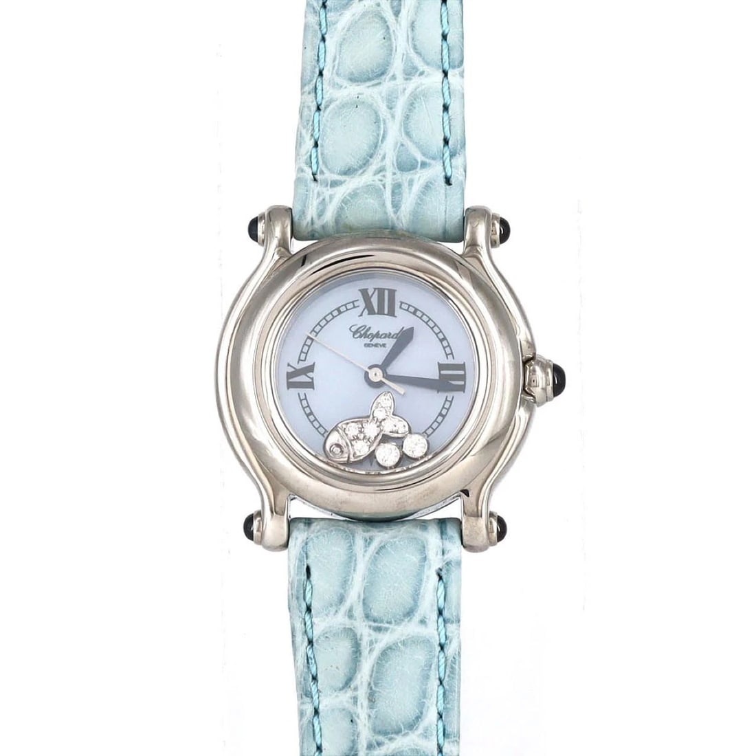 CHOPARD HAPPY SPORT WATCH: Chopard Happy Sport Watch Brand: Chopard Type: Wrist watch Material: Case: Stainless Steel Bracelet: Strap Color: Dial Color: Blue Shell/Roman Band Color: Blue Size: Case diameter: Approx.