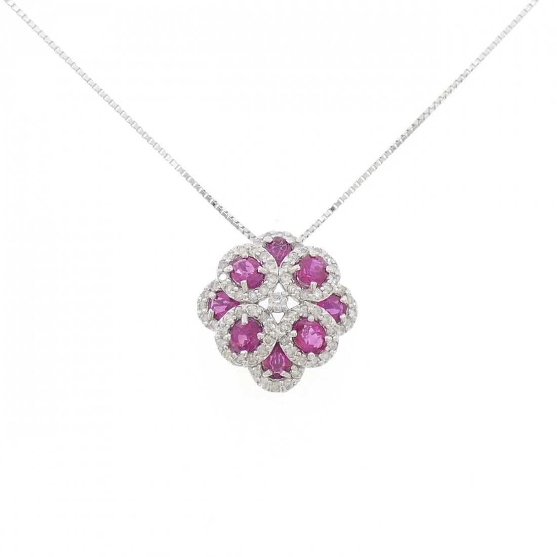K18WG RUBY NECKLACE: K18WG Ruby Necklace Brand: Unbranded Type: Necklace Material: K18 White Gold, Main Stone/Creation RubySide Stone Natural Color: White Gold Size: 45cmActualSizePendant top H x W: 18.2mmx18.0mm