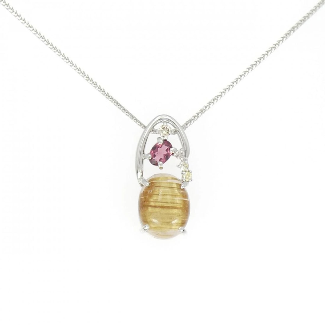 K18WG COLOR STONE NECKLACE: K18WG Color Stone Necklace Brand: Unbranded Type: Necklace Material: K18 White Gold, Main Stone/Creation Tiger EyeSide Stone Natural Color: White Gold Size: 46cmActualSize Pendant top H x W: