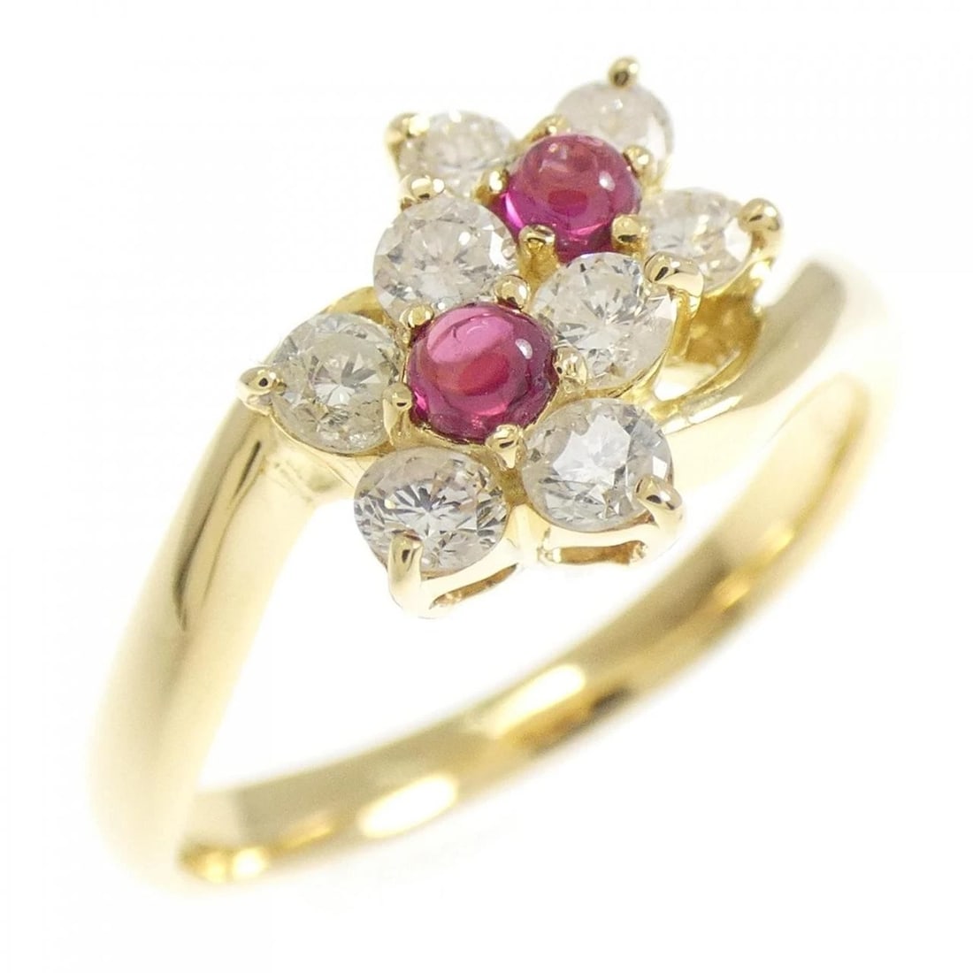 K18YG FLOWER RUBY RING: K18YG Flower Ruby Ring Brand: Unbranded Type: Ring Material: K18 Yellow Gold, Main Stone/Creation Ruby Color: yellow gold Size: 6US Accessories: None Accessories Notice: When purchasing pr