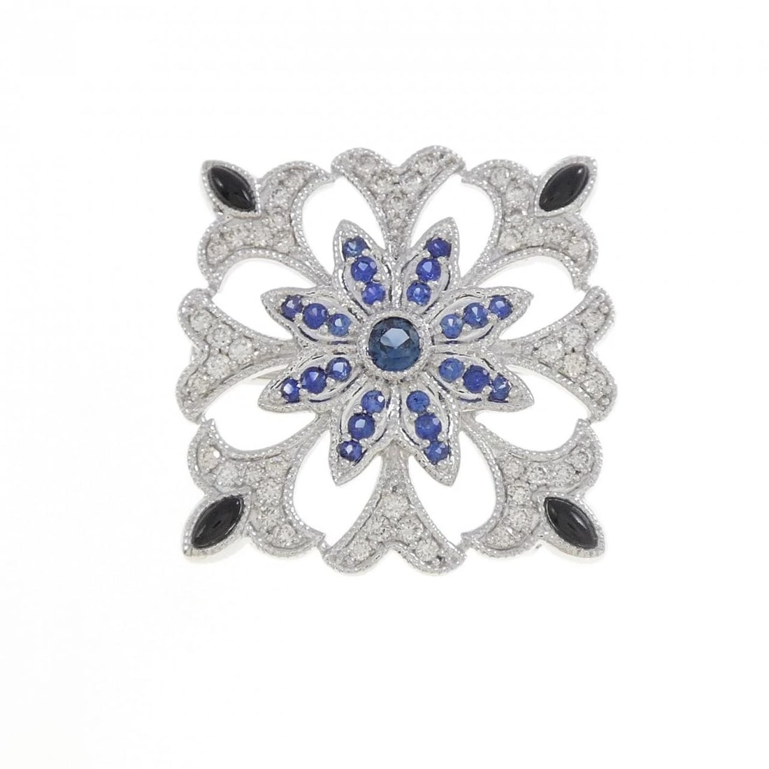 K18WG COLOR STONE BROOCH: K18WG Color Stone Brooch Brand: Unbranded Type: Pendant Brooch Material: K18 White Gold, Main Stone/Creation SapphireSide Stone Natural Color: White Gold Size: ActualSize HxW: 25.0mmx25.0mm 