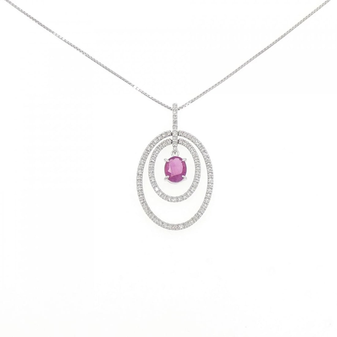K14WG RUBY NECKLACE: K14WG Ruby Necklace Brand: Unbranded Type: Necklace Material: K14 White Gold, Main Stone/Creation RubySide Stone Natural Color: white Gold Size: 44cmActualSize Pendant top H x W: 28.5mmx17.0mm