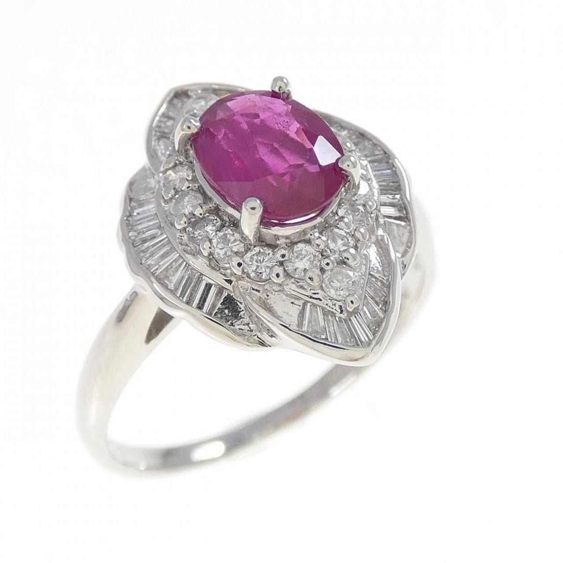 PT900 RUBY RING: PT900 Ruby Ring Brand: Unbranded Type: Ruby ring Material: Platinum 900, Main Stone/Creation ruby Color: platinum Size: 7.75US Accessories: None Accessories Notice: When purchasing pre-own