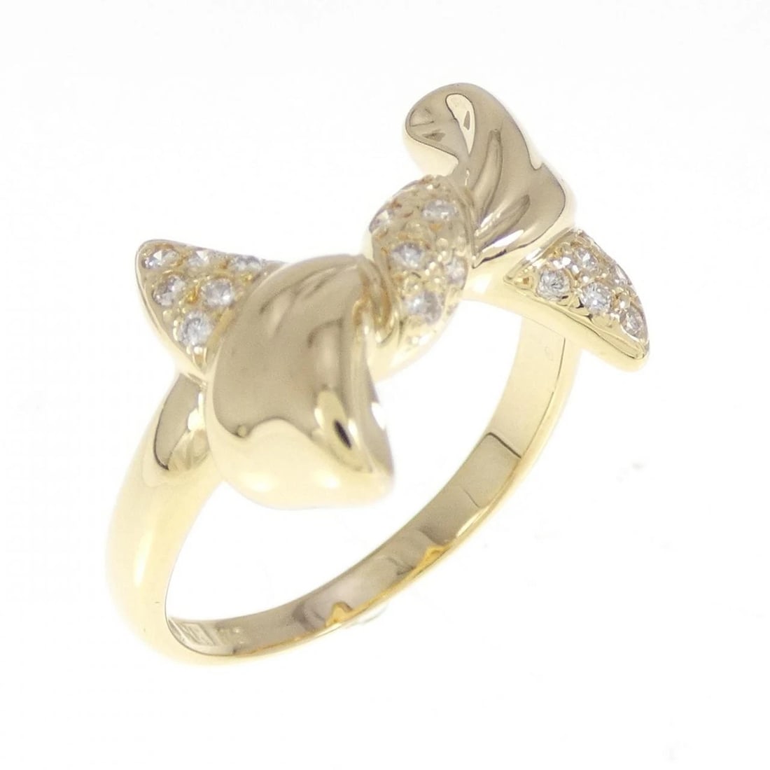 K18YG RIBBON DIAMOND RING: K18YG Ribbon Diamond Ring Brand: Unbranded Type: Ring Material: K18 Yellow Gold, Main Stone/Creation Natural Color: yellow gold Size: 7-7.5US Accessories: None Accessories Notice: When
