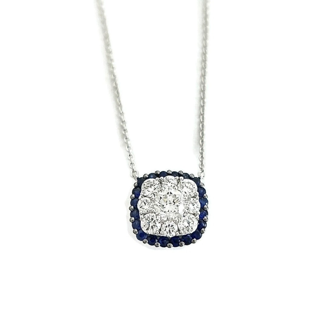 CLUSTER DIAMOND SAPPHIRE CUSHION HALO PENDANT NECKLACE: Cluster Diamond Sapphire Cushion Halo Pendant Necklace Brand: Unbranded Type: Necklace Material: 14K White Gold, Main Stone/Creation Natural Color: Blue Size: Length: 16.5 inches Pendant: 9.8