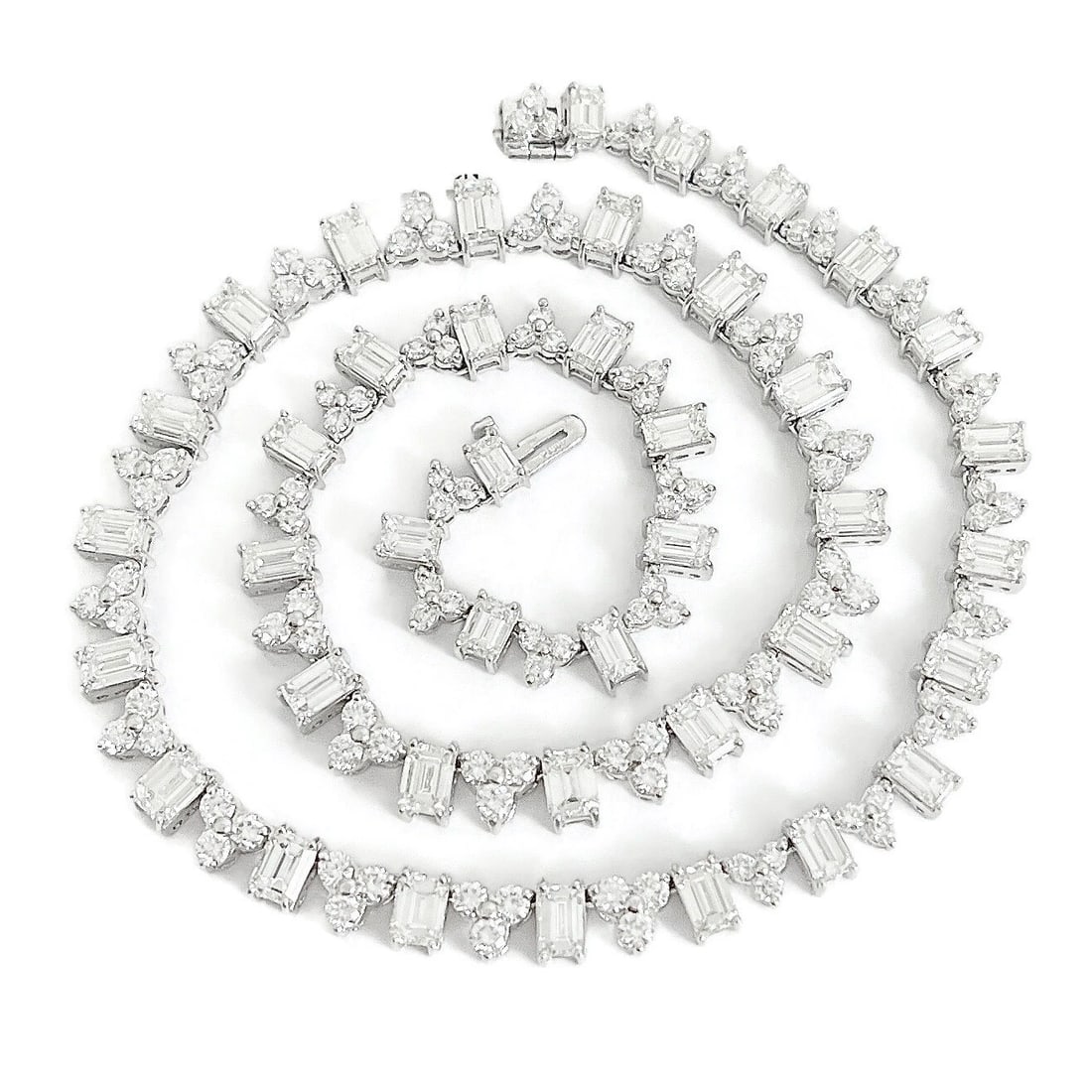 EMERALD CUT DIAMOND CLUSTER TENNIS STATEMENT NECKLACE: Emerald Cut Diamond Cluster Tennis Statement Necklace Brand: Unbranded Type: Necklace Material: Pt900, Main Stone/Creation Natural Color: Silver Size: Length: 16 inches Width: 7.2 mm in the