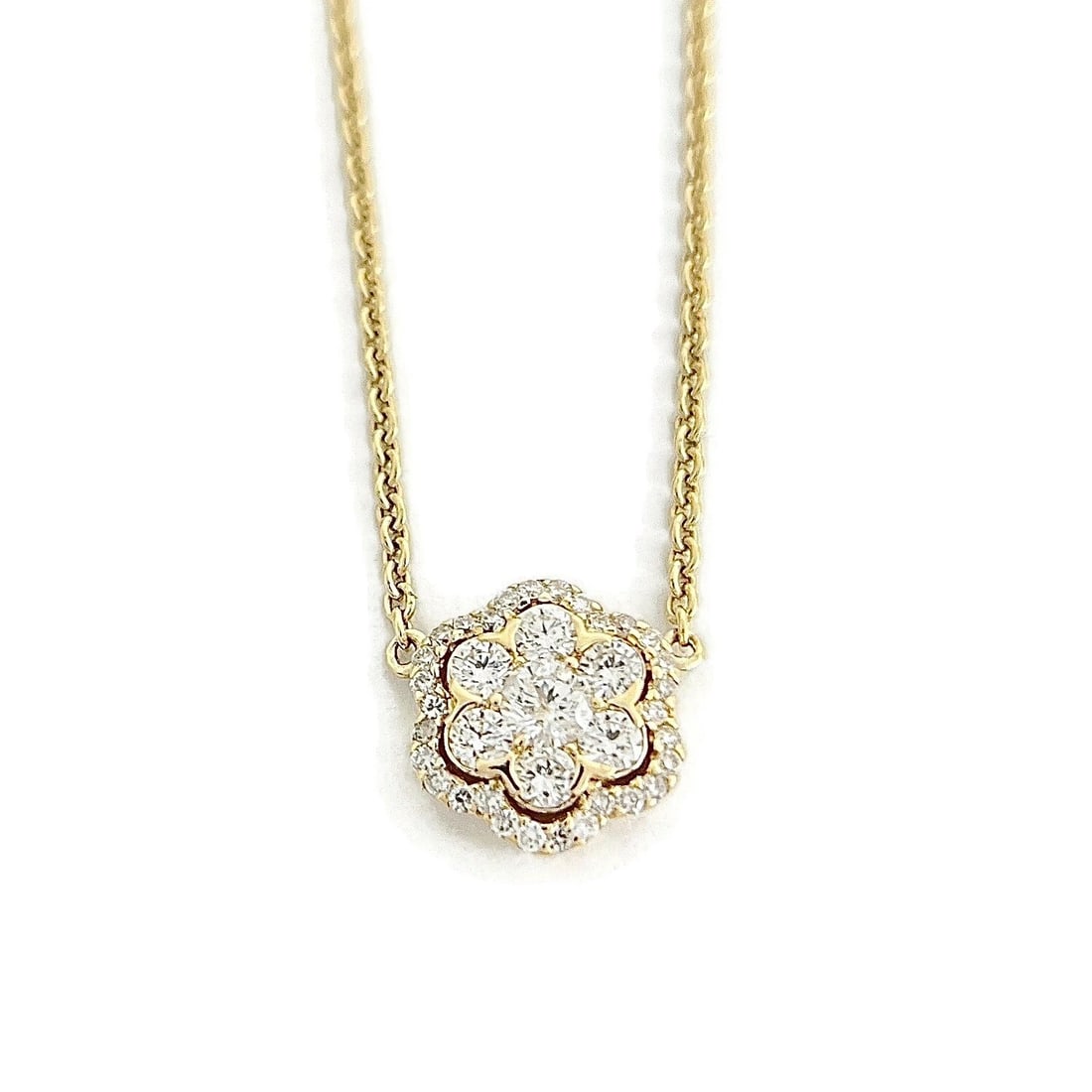 ROUND DIAMOND CLUSTER HALO FLOWER PENDANT NECKLACE: Round Diamond Cluster Halo Flower Pendant Necklace Brand: Unbranded Type: Necklace Material: 14K Yellow Gold, Main Stone/Creation Natural Color: Gold Size: Length: 16 inches Pendant: 11.3 mm x