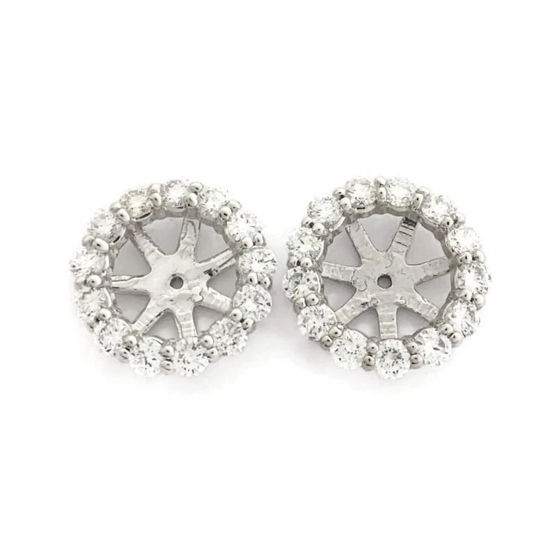 ROUND DIAMOND HALO EARRING JACKETS ENHANCERS: Round Diamond Halo Earring Jackets Enhancers Brand: Unbranded Type: Earrings Material: 14K White Gold, Main Stone/Creation Natural Color: Silver Size: Diameter: 13.2 mm Accessories: None