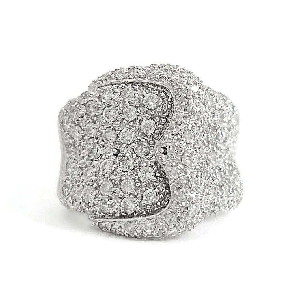 ESTATE PAVE DIAMOND BUCKLE COCKTAIL RING: Estate Pave Diamond Buckle Cocktail Ring Brand: Unbranded Type: Ring Material: 14K white gold, Main Stone/Creation Natural Color: Silver Size: 6.75 US Accessories: None Accessories Notice: