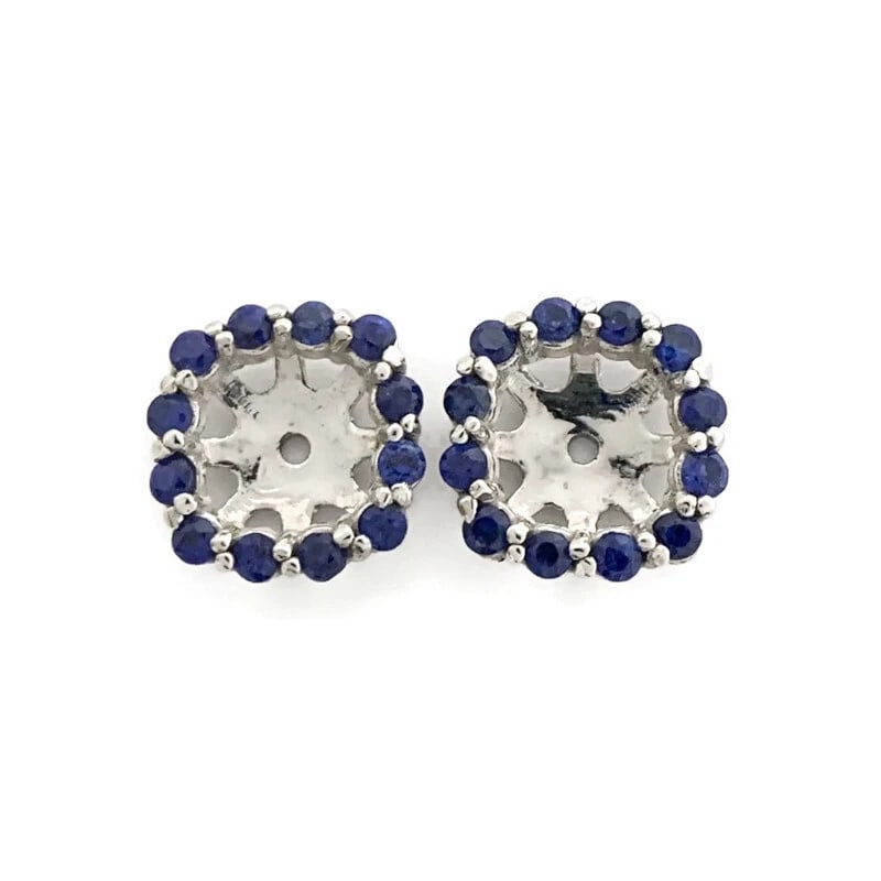 CUSHION SAPPHIRE HALO EARRING JACKETS ENHANCERS: Cushion Sapphire Halo Earring Jackets Enhancers Brand: Unbranded Type: Earrings Material: 14K White Gold, Main Stone/Creation Natural Color: Blue Size: Diameter: 9.9 mm Accessories: None