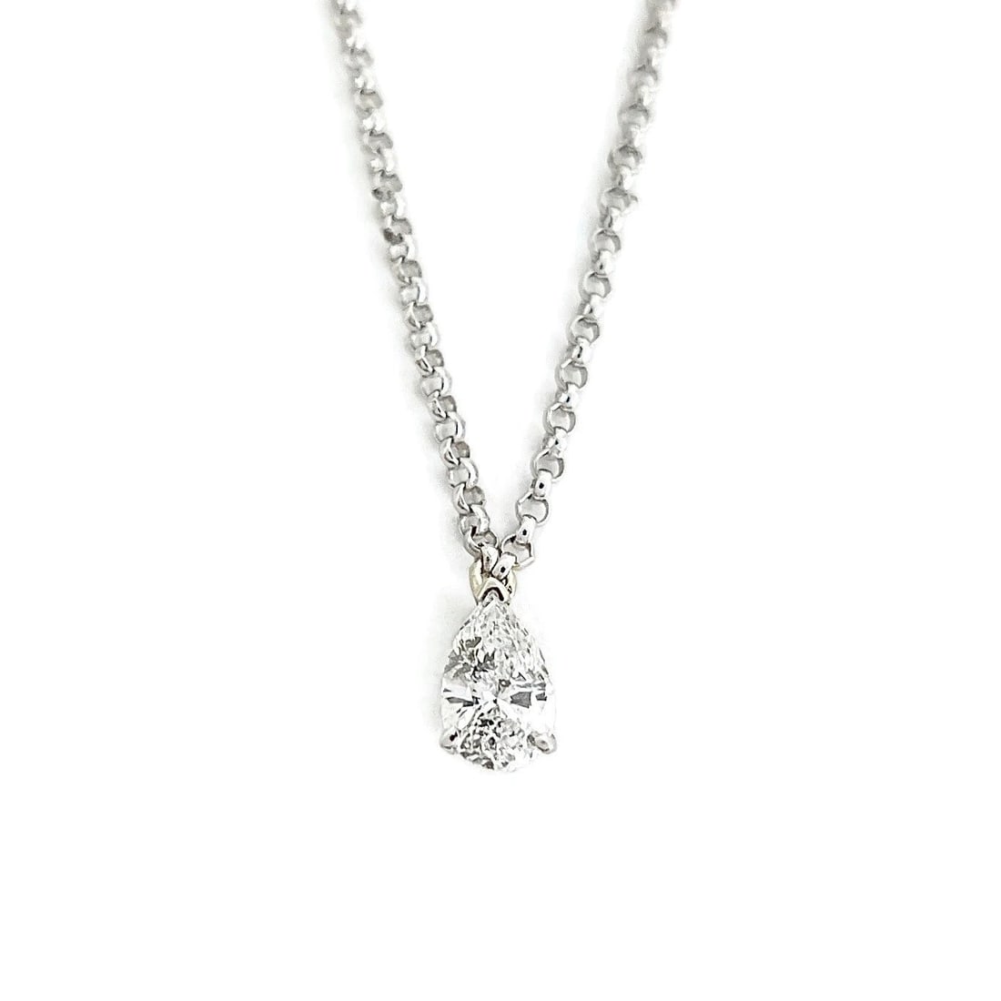 PEAR DIAMOND SOLITAIRE STATION PENDANT NECKLACE: Pear Diamond Solitaire Station Pendant Necklace Brand: Unbranded Type: Necklace Material: 14K White Gold, Main Stone/Creation Natural Color: Silver Size: Length: 16.25 inches Pendant: 9 mm