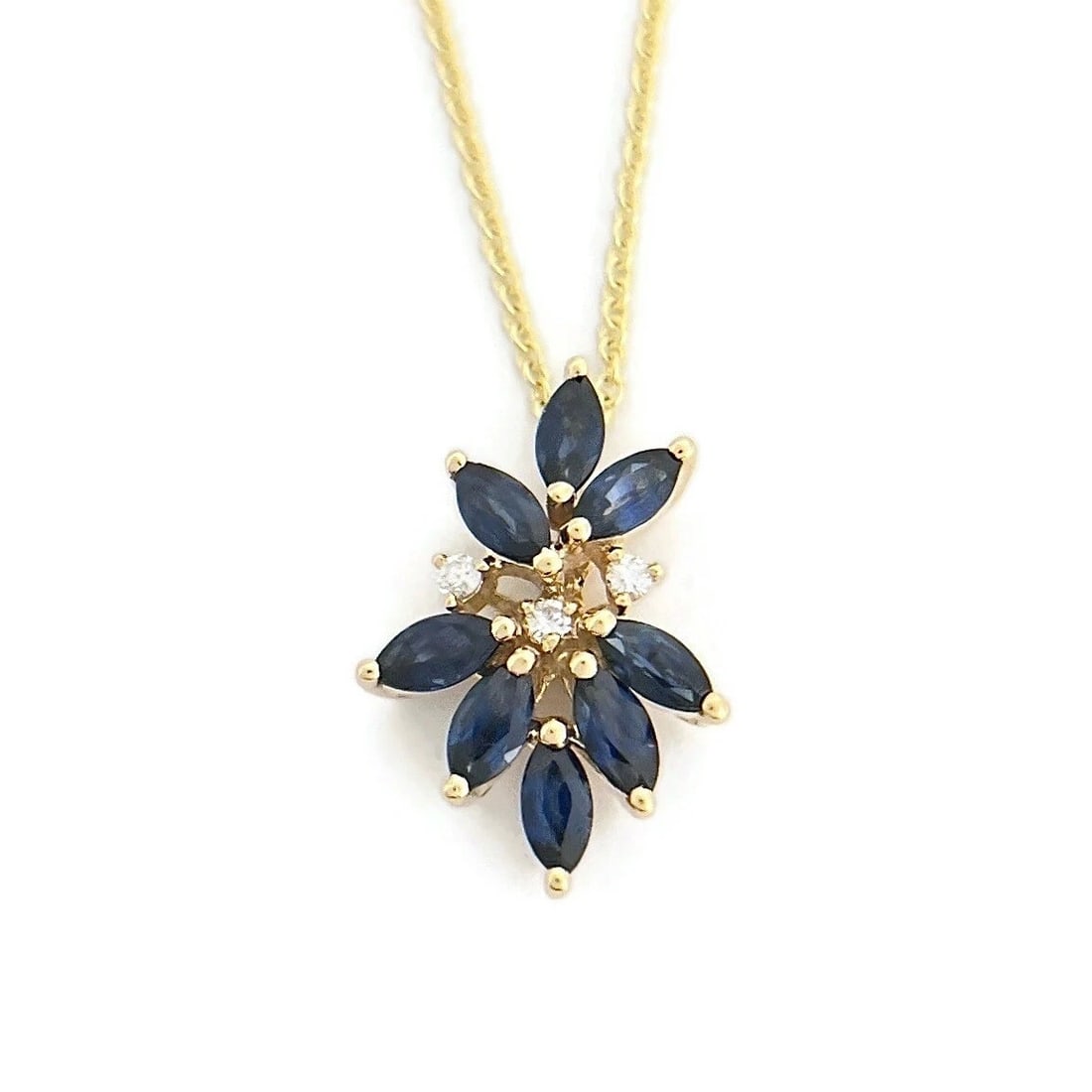 MARQUISE BLUE SAPPHIRE DIAMOND CLUSTER PENDANT NECKLACE: Marquise Blue Sapphire Diamond Cluster Pendant Necklace Brand: Unbranded Type: Necklace Material: 14K Yellow Gold, Main Stone/Creation Natural Color: Blue Size: Length: 16 inches Pendant: 19.8 mm