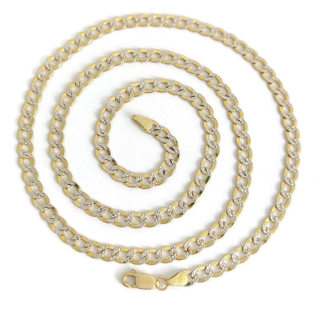 TWO-TONE LONG CURB CUBAN CHAIN NECKLACE: Two-Tone Long Curb Cuban Chain Necklace Brand: Unbranded Type: Necklace Material: 14K Yellow Gold, Color: Gold Size: Length: 22 inch Width: 4.4 mm Accessories: None Accessories Notice: Whe