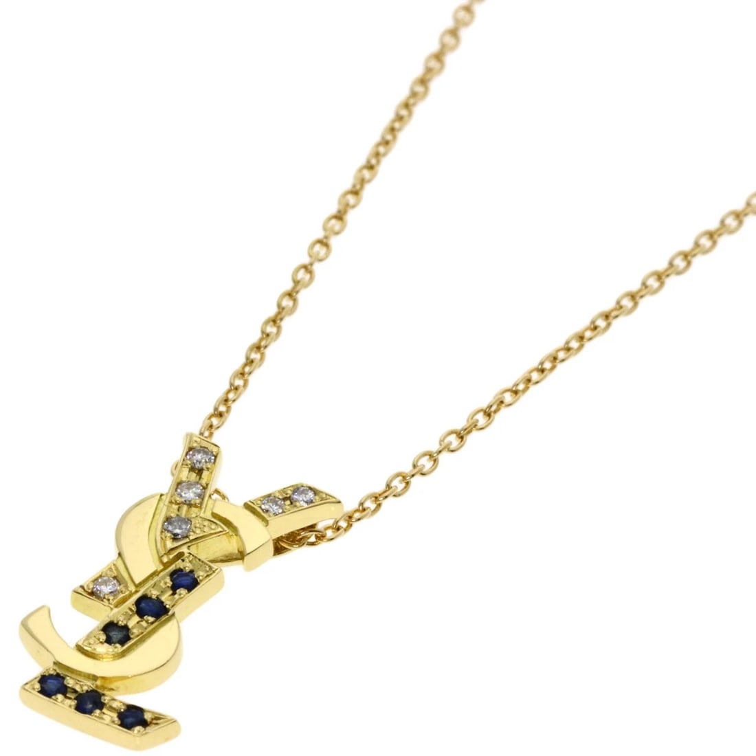 YVES SAINT LAURENT LOGO MOTIF SAPPHIRE DIAMOND NECKLACE: YVES SAINT LAURENT Logo motif sapphire diamond Necklace Brand: YVES SAINT LAURENT Type: Necklace Material: K18 Yellow Gold, Main Stone/Creation Natural Color: Exterior Color Gold Size: Chain Lengt
