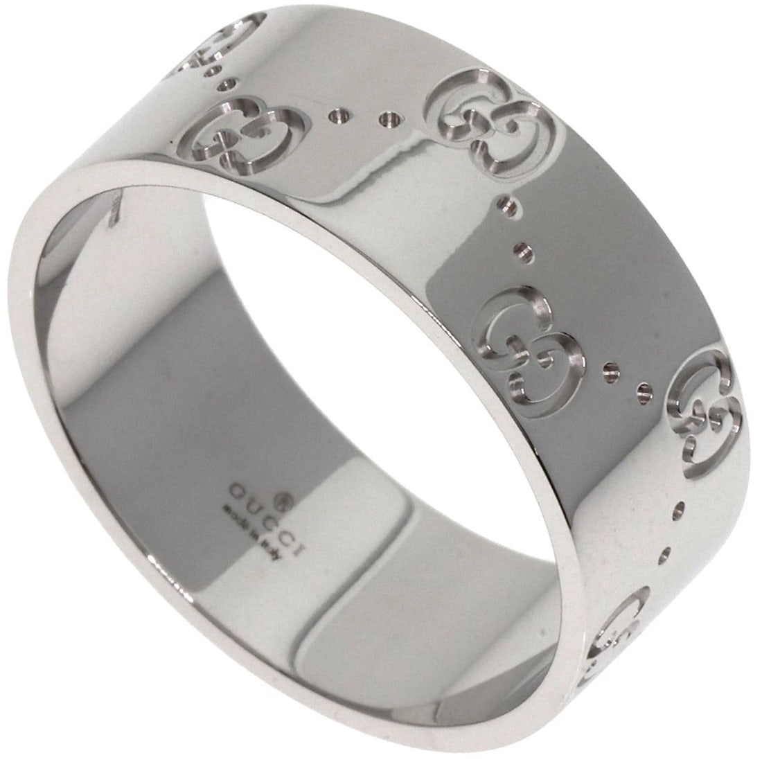 GUCCI GG ICON WIDE RING K18 WHITE GOLD MENS: GUCCI GG Icon Wide Ring K18 White Gold mens Brand: GUCCI Type: Ring Material: K18 White Gold, Color: Exterior Color Silver Size: 12.25 (US) Accessories: None Accessories Notice: When purch