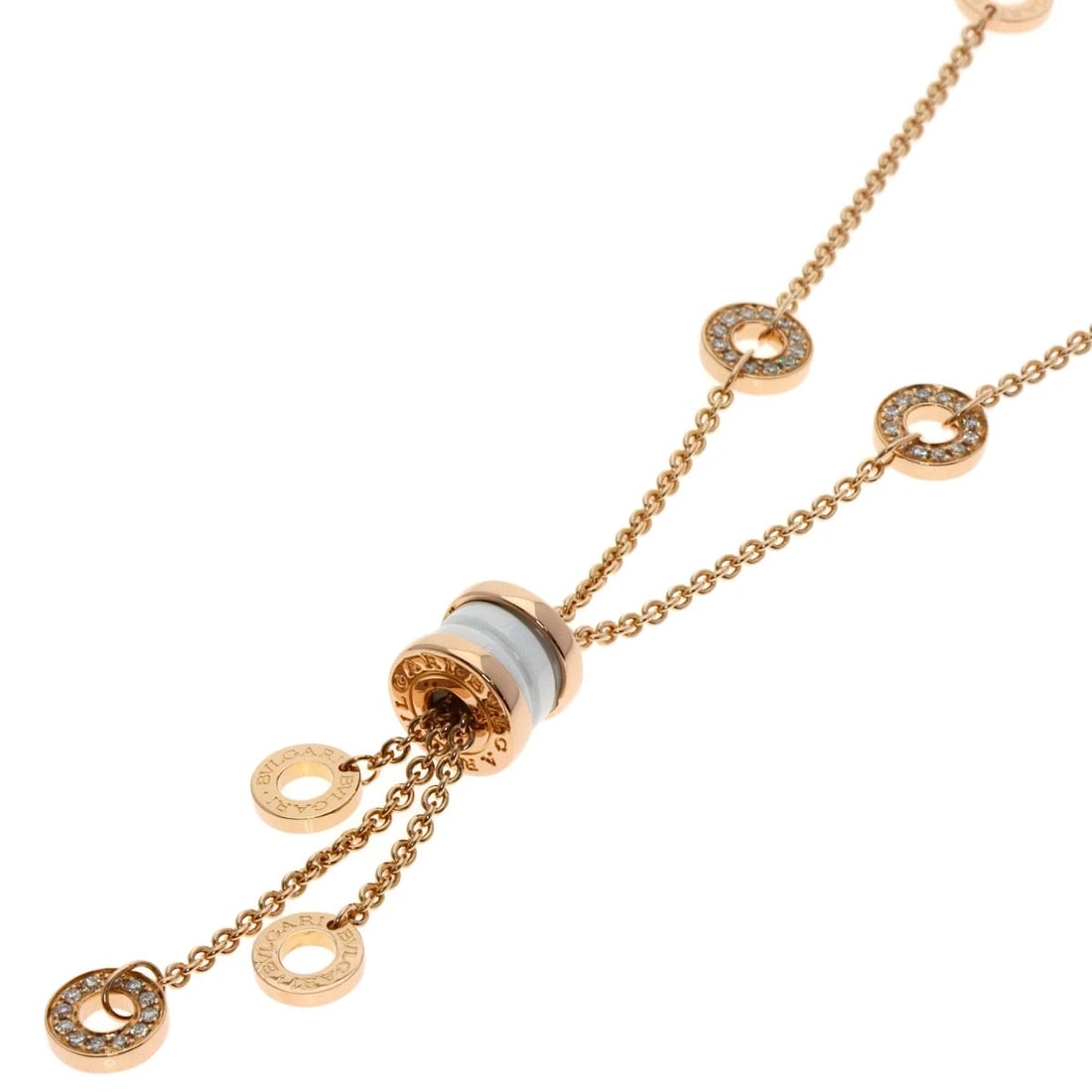 BVLGARI B.ZERO1 ELEMENT DIAMOND WHITE CERAMIC NECKLACE: BVLGARI B.zero1 Element Diamond White Ceramic Necklace Brand: BVLGARI Type: Necklace Material: K18 Pink Gold, Color: Exterior Color Gold Size: Chain Length:17.3inch/44cm Chain