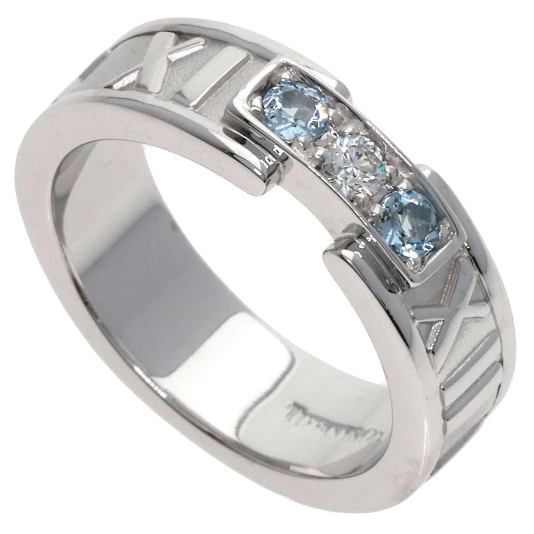 TIFFANY&CO. ATLAS AQUAMARINE DIAMOND RING: TIFFANY&Co. Atlas Aquamarine Diamond Ring Brand: TIFFANY&Co. Type: Ring Material: K18 White Gold, Main Stone/Creation Natural Color: Exterior Color Silver Size: 5 (US) Accessories: None Ac