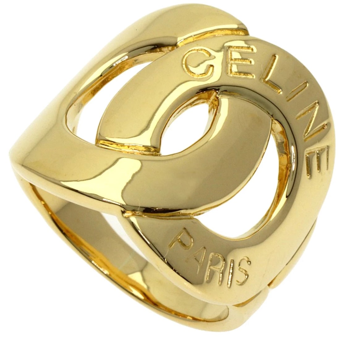CELINE LOGO DOUBLE CIRCLE DIAMOND RING: CELINE Logo Double Circle Diamond Ring Brand: CELINE Type: Ring Material: K18 Yellow Gold, Main Stone/Creation Natural Color: Exterior Color Gold Size: 7.75 (US) Accessories: None Accessories