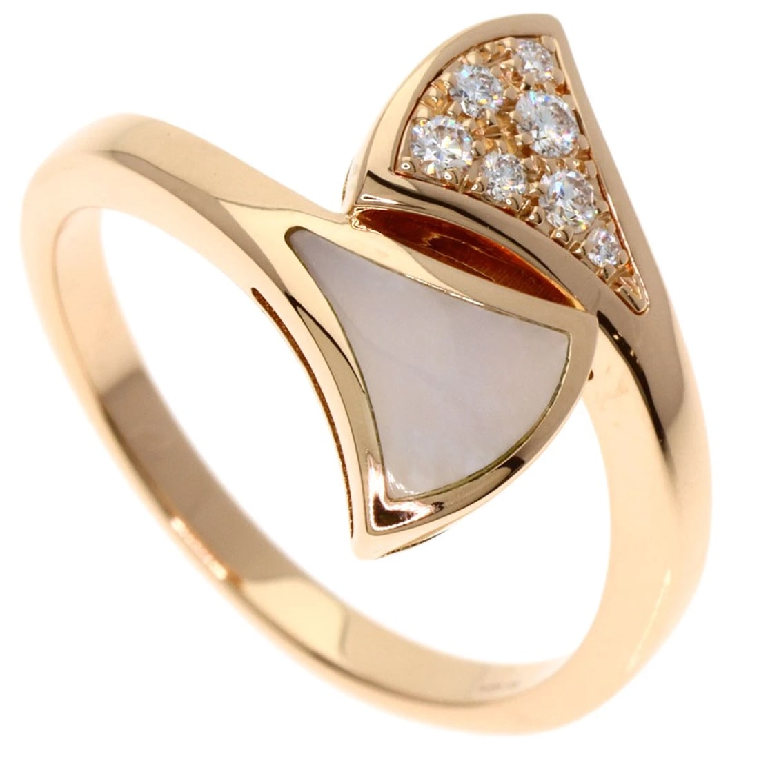 BVLGARI DIVA DREAM SHELL DIAMOND RING K18 PINK GOLD: BVLGARI Diva Dream Shell Diamond Ring K18 Pink Gold Brand: BVLGARI Type: Ring Material: K18 Pink Gold, Main Stone/Creation Natural Color: Exterior Color Gold Size: 5.25 (US) Accessories: None