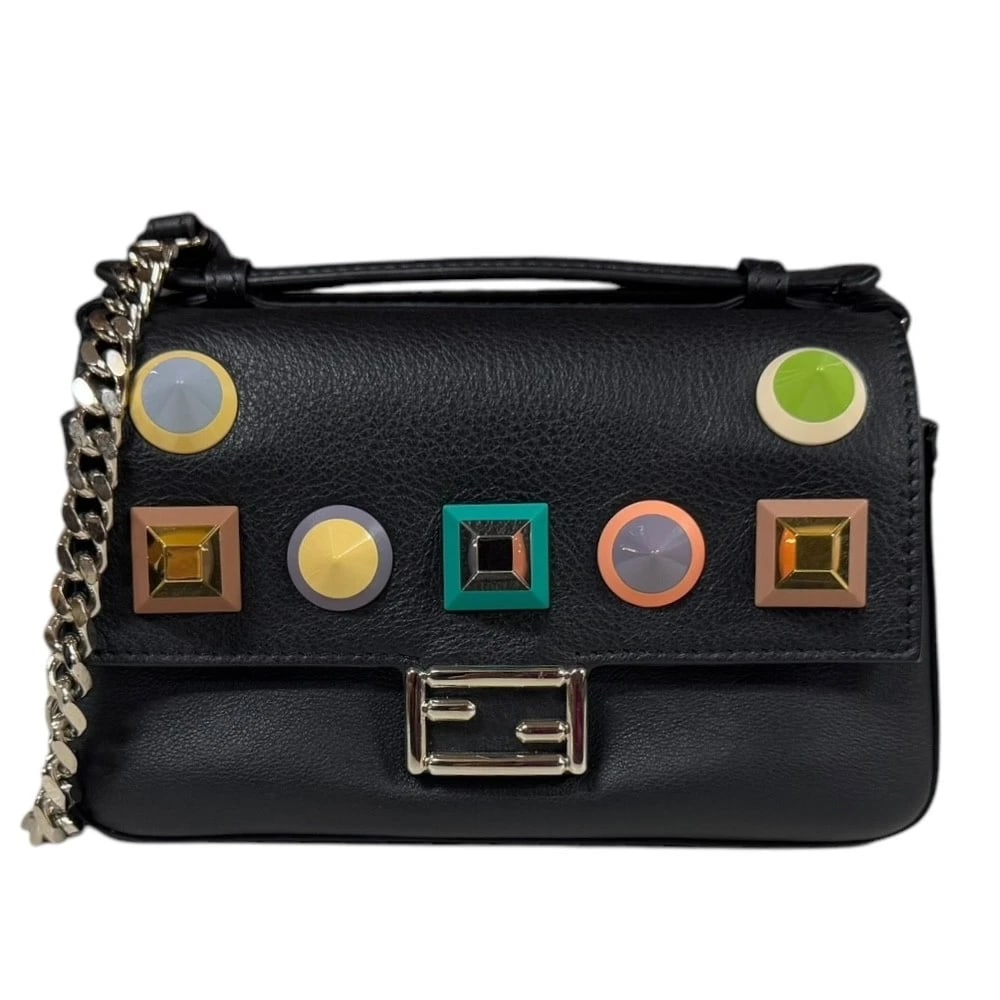FENDI SHOULDER BAG LEATHER MULTI STUDS DOUBLE MICRO BAGUETTE SHOULDER BAG: FENDI Shoulder Bag leather Multi studs Double micro baguette Shoulder Bag Brand: FENDI Type: Shoulder Bag Material: Exterior Material leather Color: black Size: W6.5 x H4.3 x D2.8inch