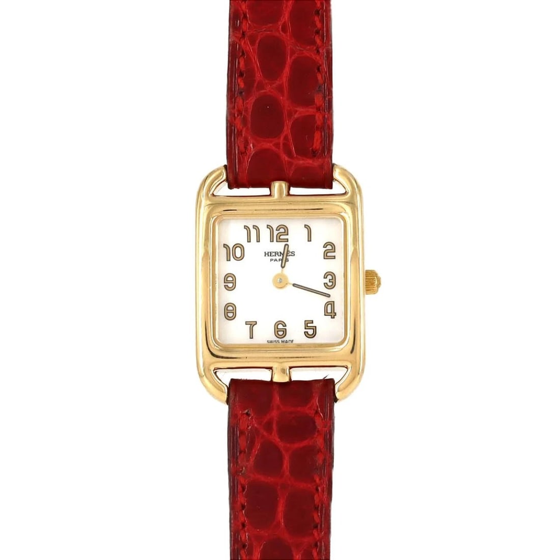 HERMES CAPE YG WATCH: Hermes Cape YG Watch Brand: HERMES Type: Wrist watch Material: Case: Yellow gold Bracelet: Strap Color: Dial Color: Mother of Pearl/Arabic Band Co..... Size: Case diameter: 19.5 x 28 