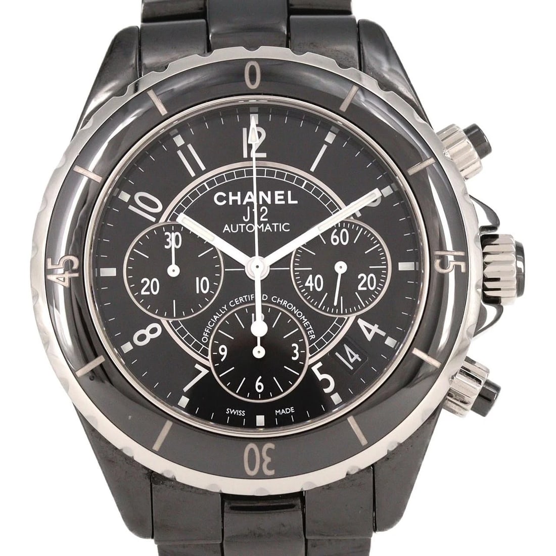 CHANEL J12 CHRONOGRAPH WATCH: Chanel J12 Chronograph Watch Brand: CHANEL Type: Wrist watch Material: Case: Ceramic Bracelet: Ceramic Color: Dial color: Black/Arabic Size: Case diameter: Approx. 41 mm Max wrist