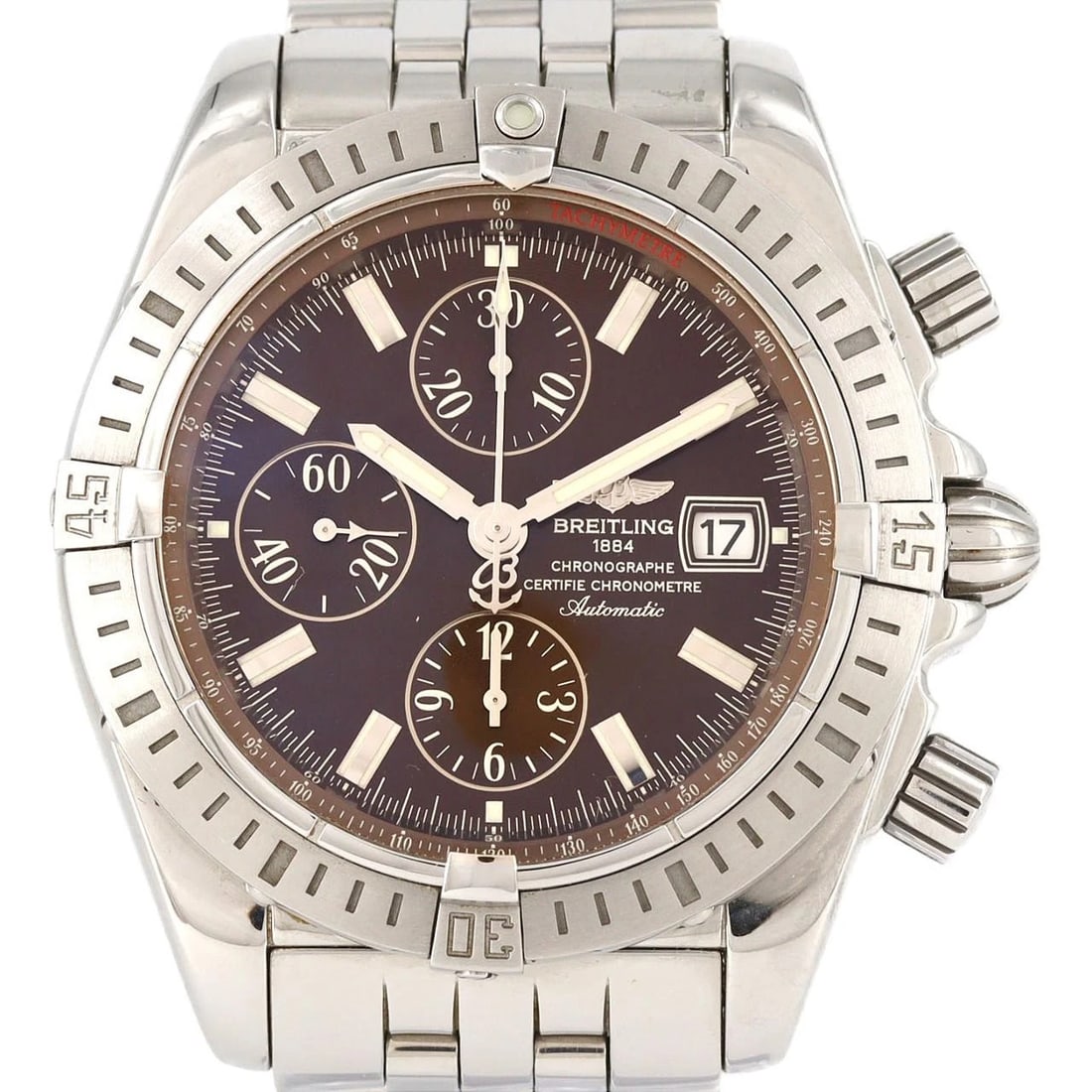 BREITLING CHRONOMAT WATCH: Breitling Chronomat Watch Brand: BREITLING Type: Wrist watch Material: Case: Stainless Steel Breath: Stainless Steel Color: Dial color: Brown Size: Case diameter: Approx. 43.5mm Max wrist