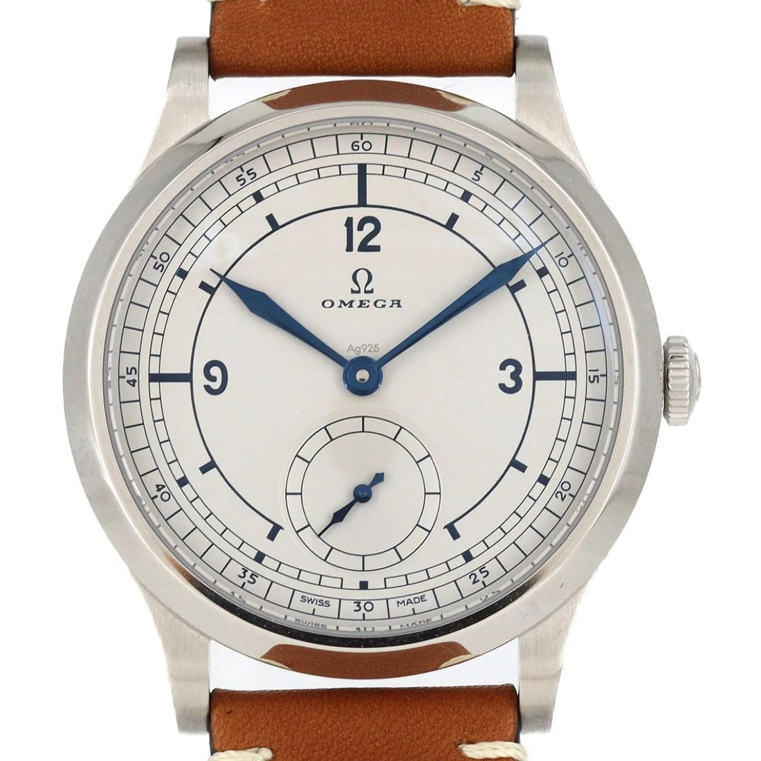 OMEGA STAINLESS STEEL WATCH: Omega Stainless Steel Watch Brand: OMEGA Type: Wrist watch Material: Case: Stainless Steel Bracelet: Strap Color: Dial Color: Silver Band Color: Brown Size: Case diameter: Approx. 39mm 