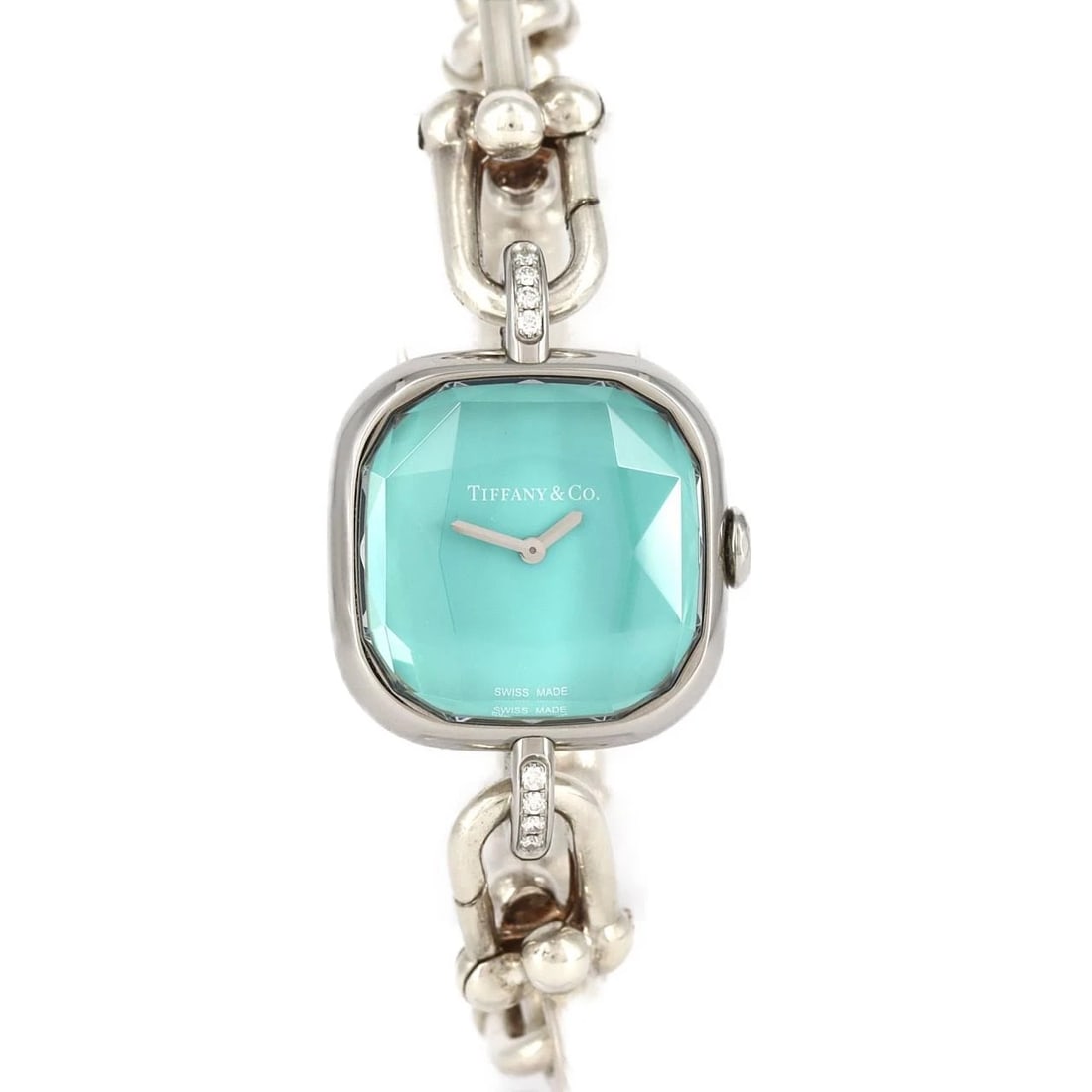 TIFFANY HARDWARE SS WATCH: Tiffany Hardware SS Watch Brand: Tiffany Type: Wristwatch Material: Case: SST Bracelet: Silver Color: Dial Colors: Blue Size: Case diameter: 23mm Max Wrist size: 15cm Accessories: None