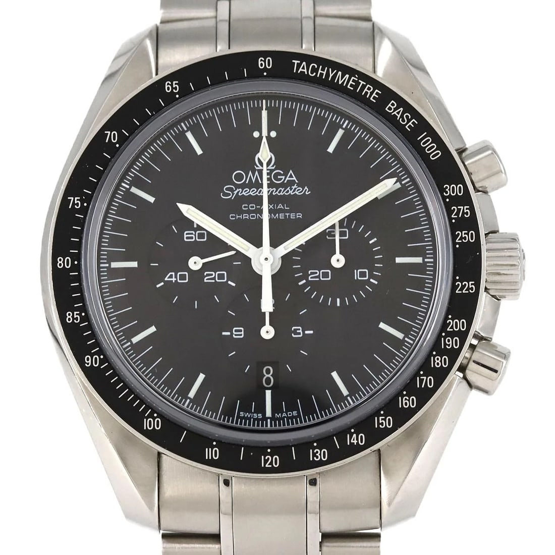 OMEGA SPEEDMASTER CO AXIAL WATCH: Omega Speedmaster Co Axial Watch Brand: OMEGA Type: Wrist watch Material: Case: Stainless Steel Breath: Stainless Steel Color: Dial Color: Black Size: Case diameter: Approx. 44 mm Max wrist