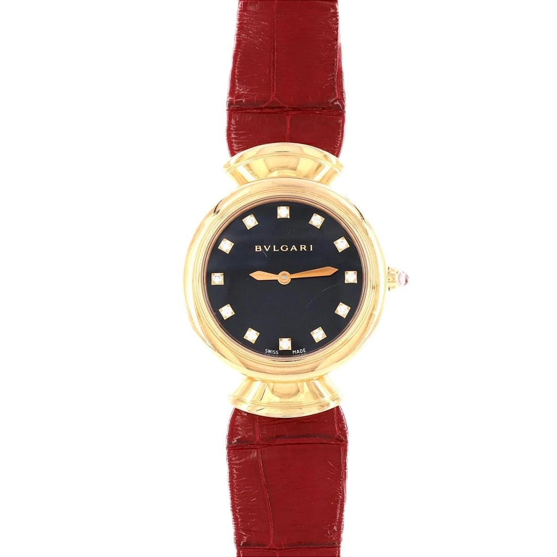 BVLGARI DIVA DREAM WATCH: Bvlgari Diva Dream Watch Brand: BVLGARI Type: Wrist watch Material: Case: Pink gold/rose gold Bracelet: Strap Color: Dial Color: Black/Diamond Band Color: Red Size: Case diameter: Approx. 30mm