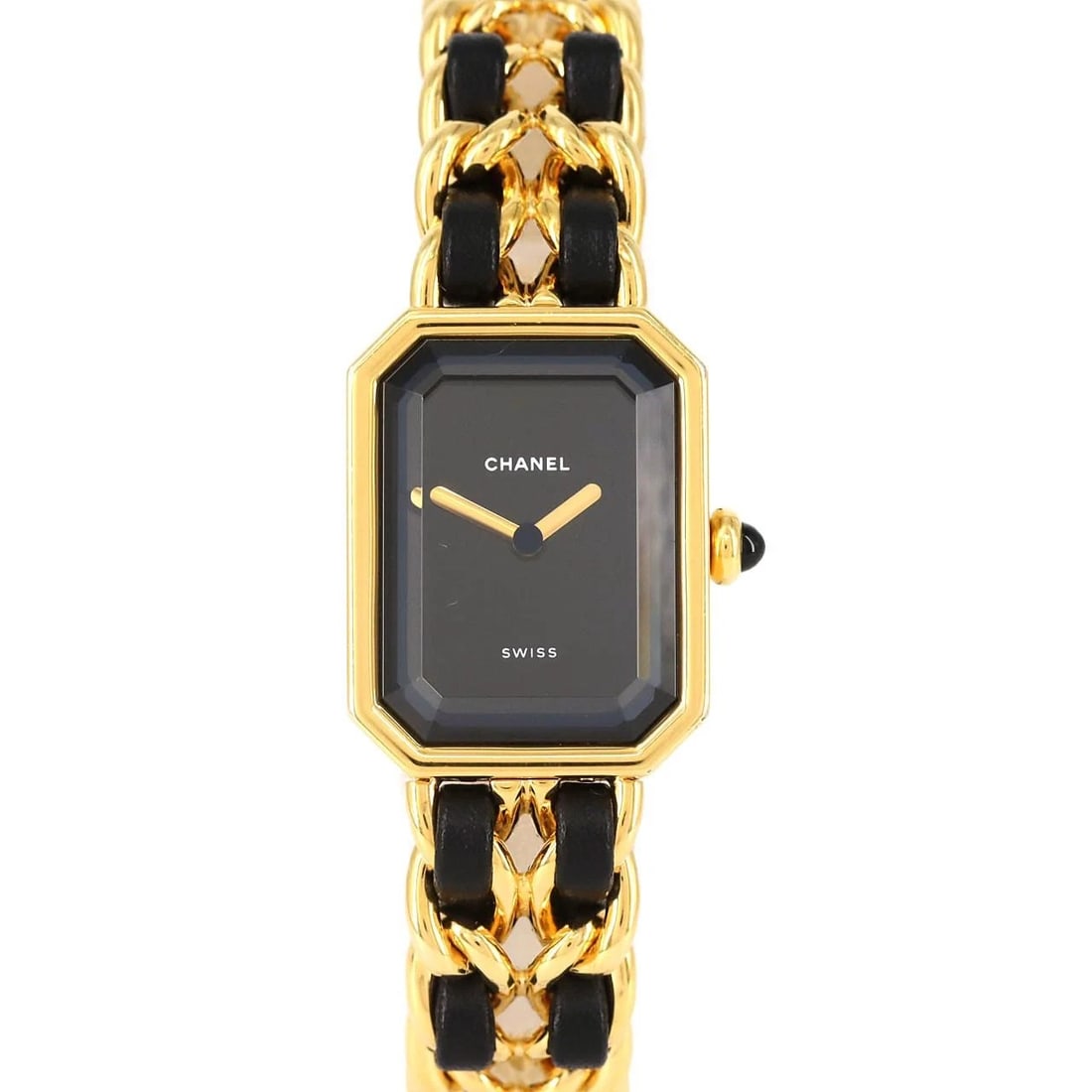 CHANEL PREMIERE GOLD PLATED WATCH: Chanel Premiere Gold Plated Watch Brand: CHANEL Type: Wrist watch Material: Case: Gold plated Bracelet: Gold plated x Strap Color: Dial Color: Black Band Color: Black Size: Case diameter: