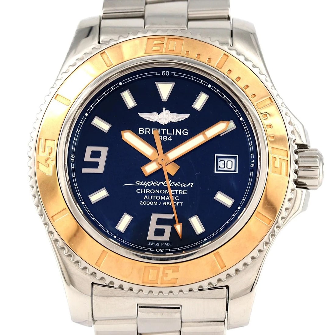 BREITLING SUPEROCEAN WATCH: Breitling Superocean Watch Brand: BREITLING Type: Wrist watch Material: Case: Stainless steel x pink gold Bracelet: Stainless steel Color: Dial Color: Black Size: Case diameter: Approx. 44mm