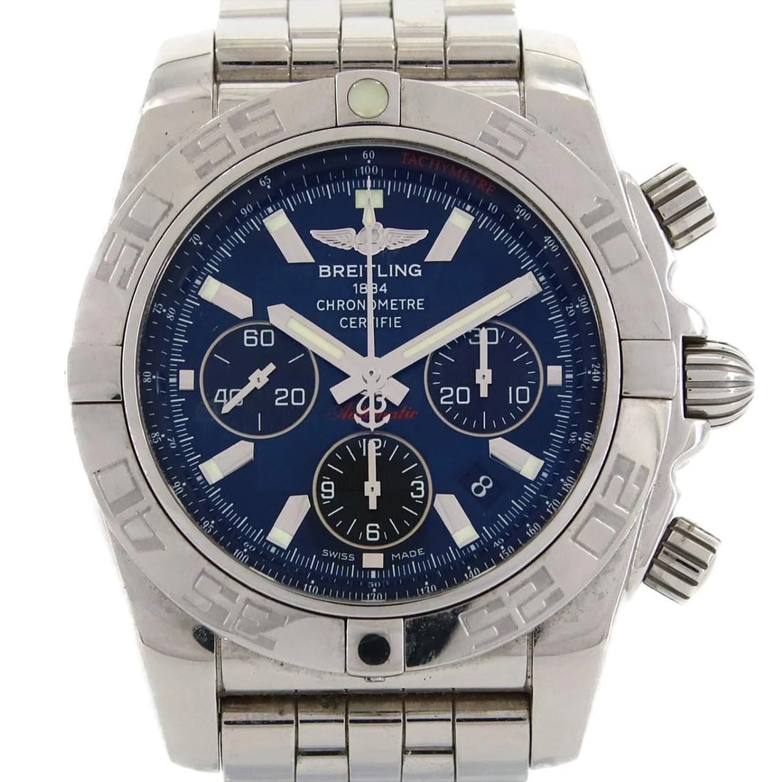 BREITLING CHRONOMAT WATCH: Breitling Chronomat Watch Brand: BREITLING Type: Wrist watch Material: Case: Stainless Steel Breath: Stainless Steel Color: Dial Color: Black Eye Blue Size: Case diameter: Approx. 44 mm Max wrist