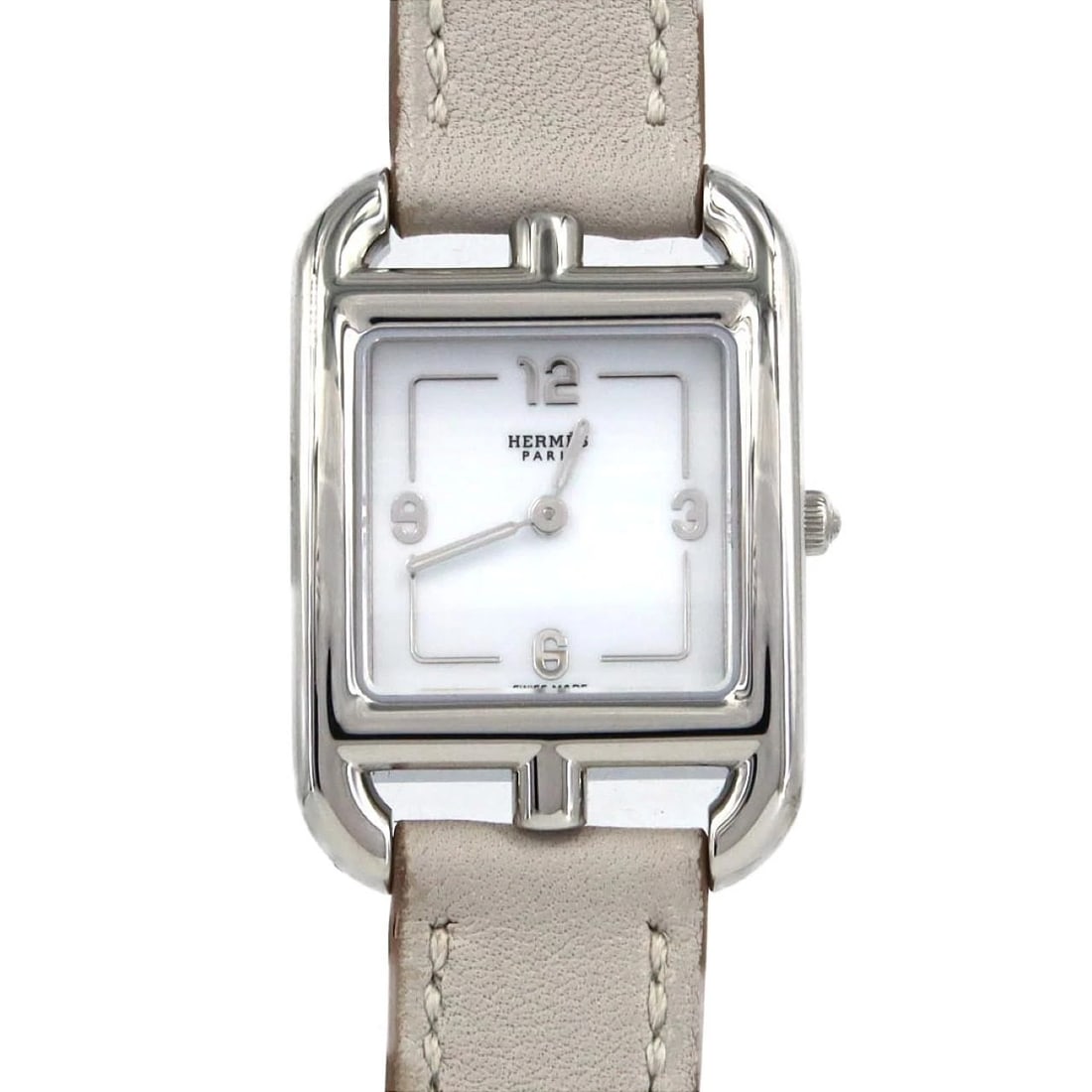 HERMES CAPE STAINLESS STEEL WATCH: Hermes Cape Stainless Steel Watch Brand: HERMES Type: Wrist watch Material: Case: Stainless Steel Bracelet: Strap Color: Dial Color: White/Arabic Band Color: Silver Size: Case diameter: 23x33 