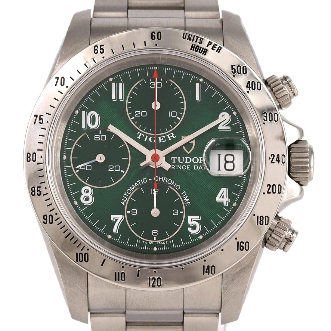 TUDOR CHRONOTIME STAINLESS STEEL WATCH: Tudor Chronotime Stainless Steel Watch Brand: Tudor Type: Wrist watch Material: Case: Stainless Steel Breath: Stainless Steel Color: Dial color: Green/Arabic Size: Case diameter: Approx. 39.5 mm M